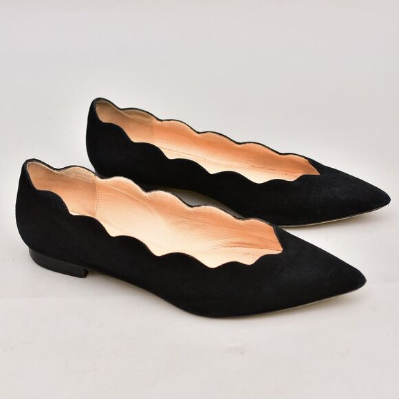 CLUB MONACO BLACK WOMEN'S 8 POINTED TOE SLIP FLAT SIZE 38.5 ITALY SCALLOPED - Picture 1 of 6